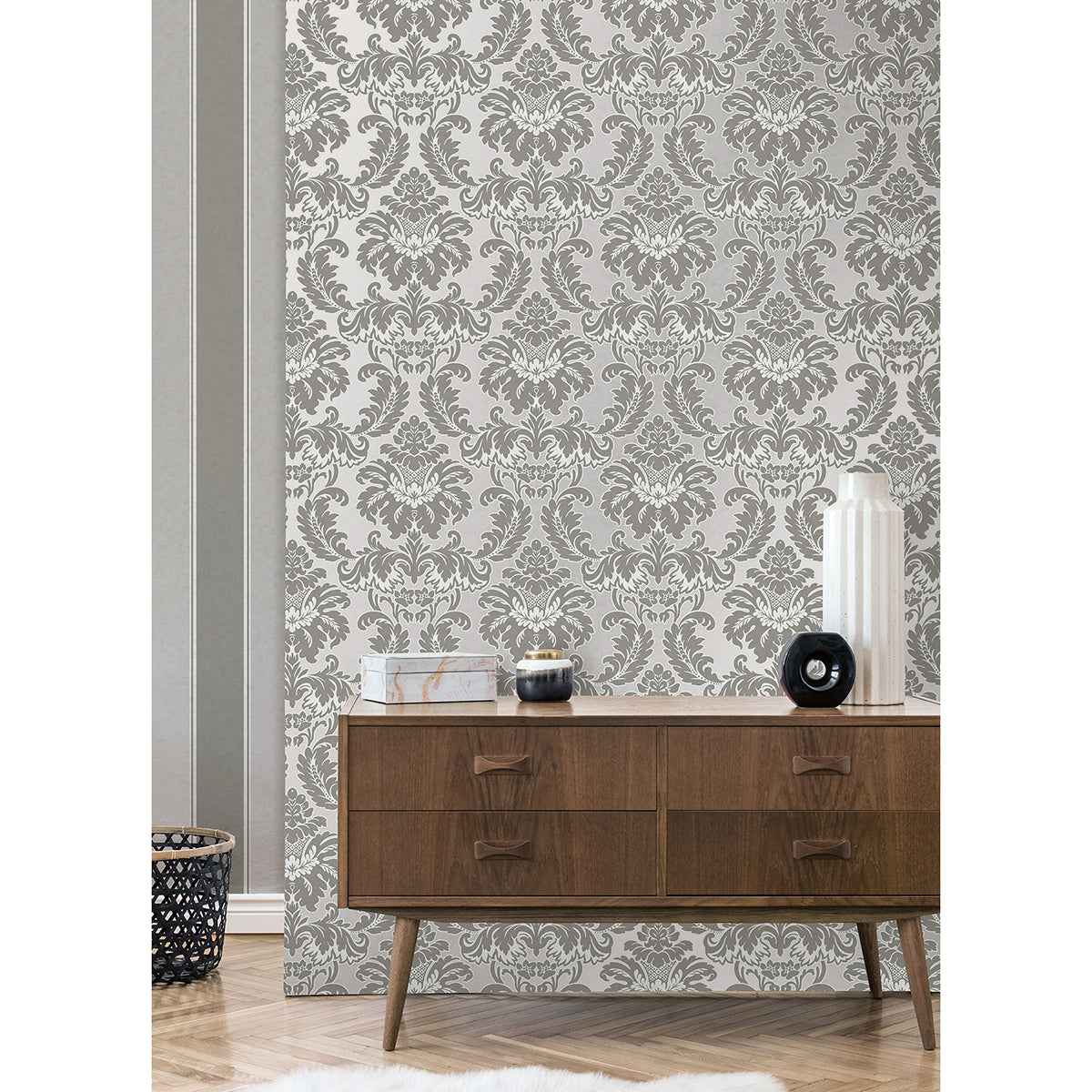 Windsor Grey Damask Wallpaper - York Wallcoverings - M1705 - York Wallcoverings Wallpaper