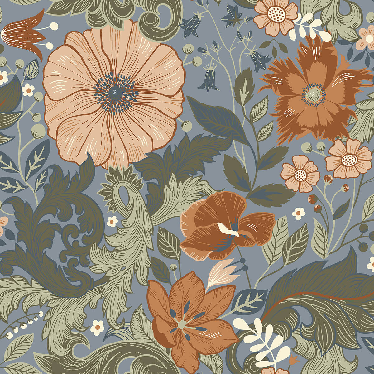 victoria-blue-floral-nouveau-wallpaper-york-wallcoverings-2999-13108 - York Wallcoverings Papel pintado