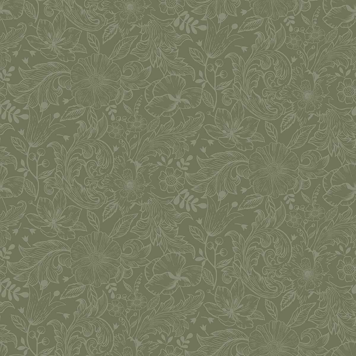 Wilma Green Floral Block Print Wallpaper - York Wallcoverings - 2999-13129