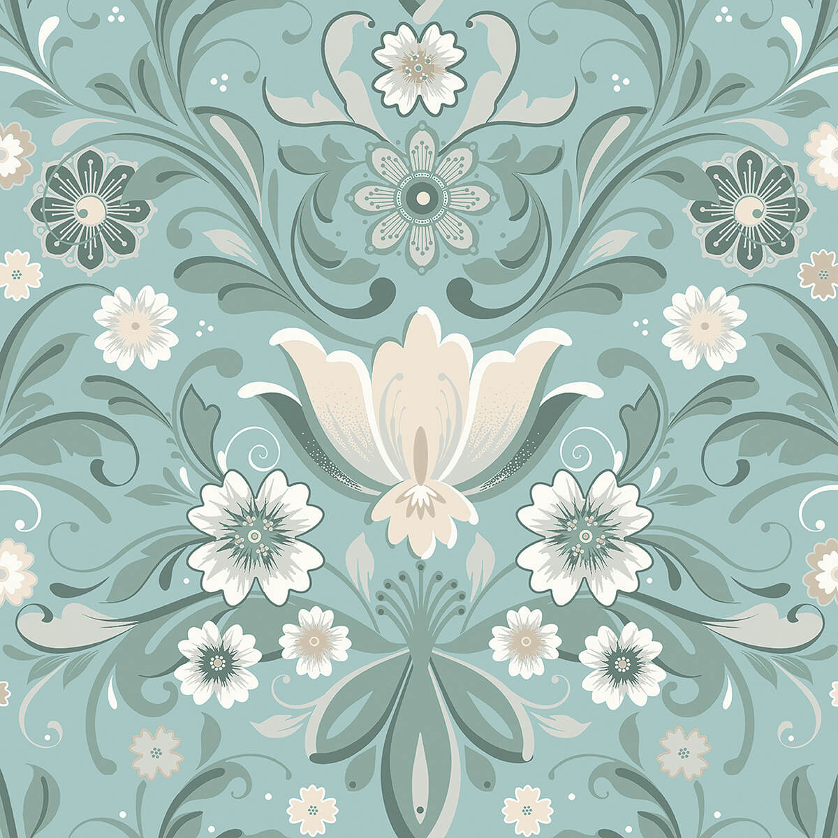 ostanskar-turquoise-retro-floral-wallpaper-york-wallcoverings-2999-24111 - York Wallcoverings Papel pintado