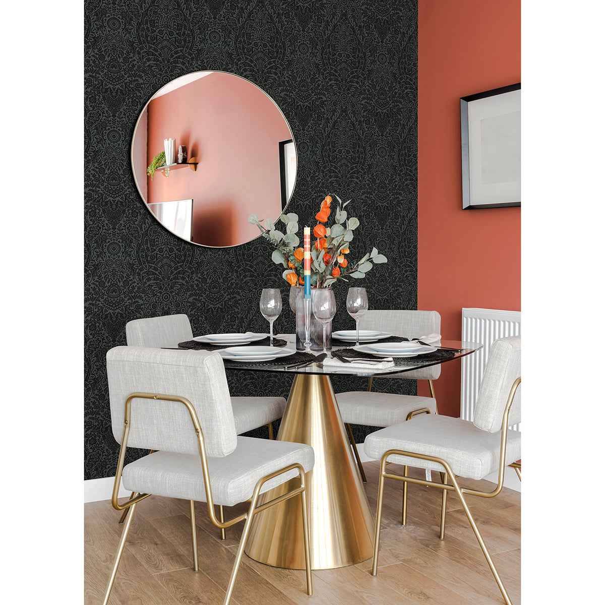 Maris Charcoal Flock Damask Wallpaper - York Wallcoverings - 2973-87365 - York Wallcoverings Wallpaper