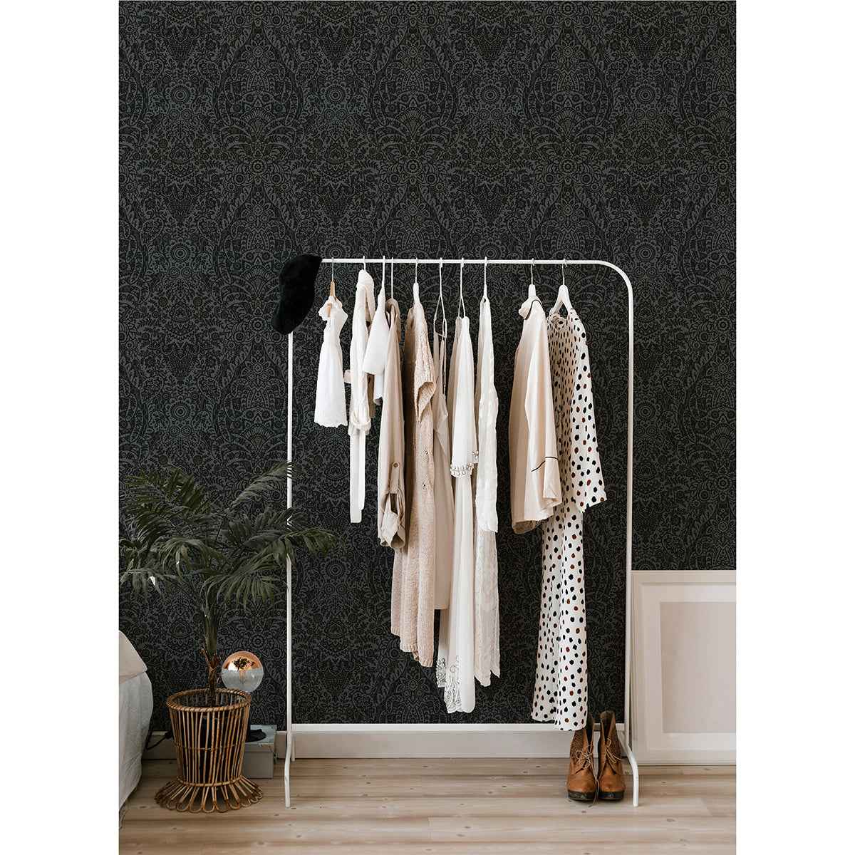 Maris Charcoal Flock Damask Wallpaper - York Wallcoverings - 2973-87365 - York Wallcoverings Wallpaper
