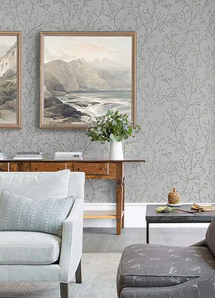 Koura Platinum Branches Wallpaper - York Wallcoverings - 2976-86456 - York Wallcoverings Wallpaper