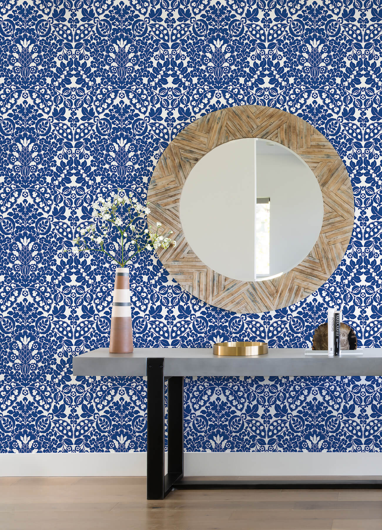 marni-blue-fruit-damask-wallpaper-york-wallcoverings-4081-26332 - York Wallcoverings Papel pintado