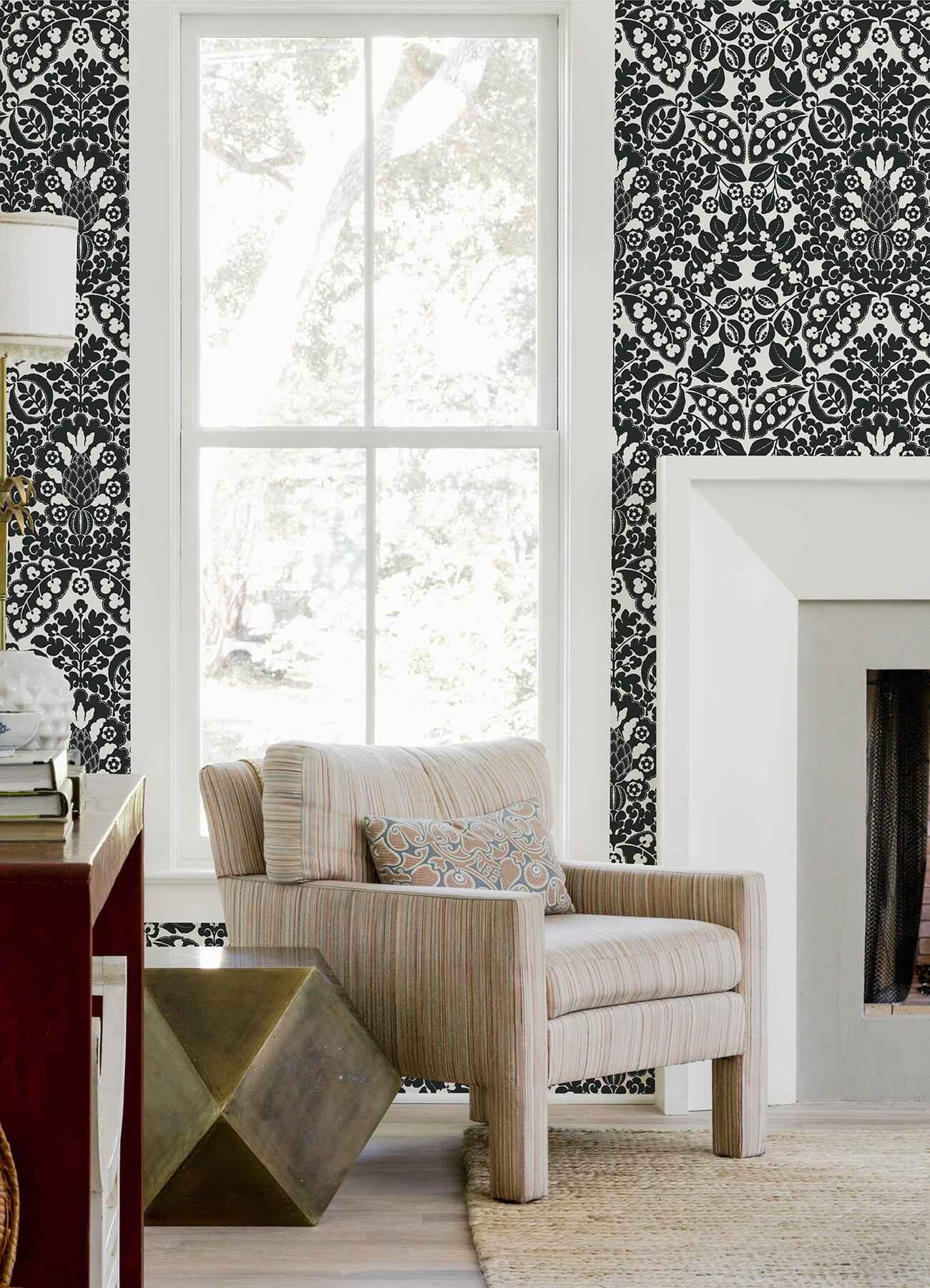 Marni Black Fruit Damask Wallpaper - York Wallcoverings - 4081-26337 - York Wallcoverings Wallpaper