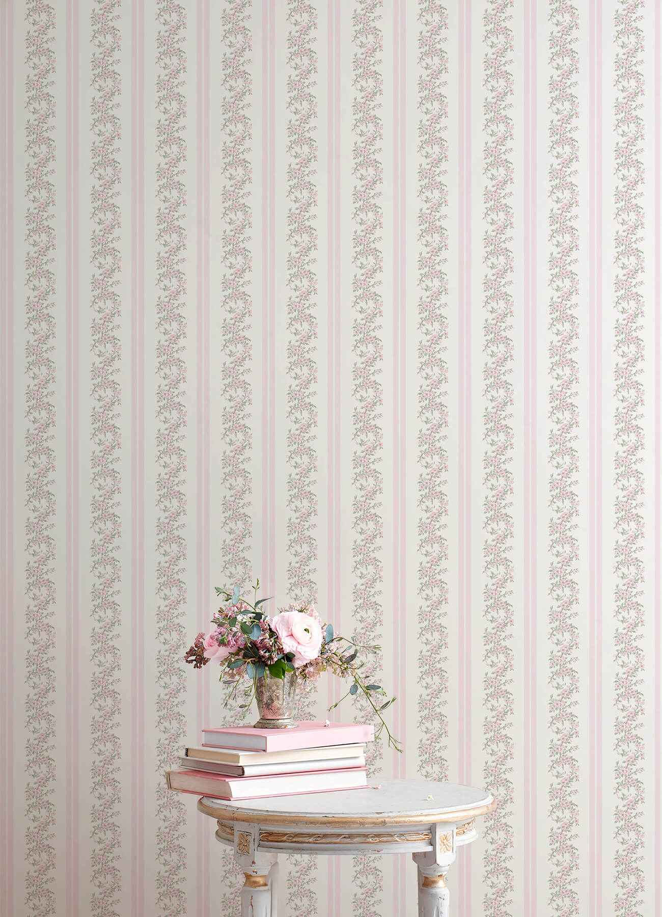 Marigold Wreath Pastel Peach Floral Stripe Wallpaper - York Wallcoverings - AST4649 - York Wallcoverings Wallpaper