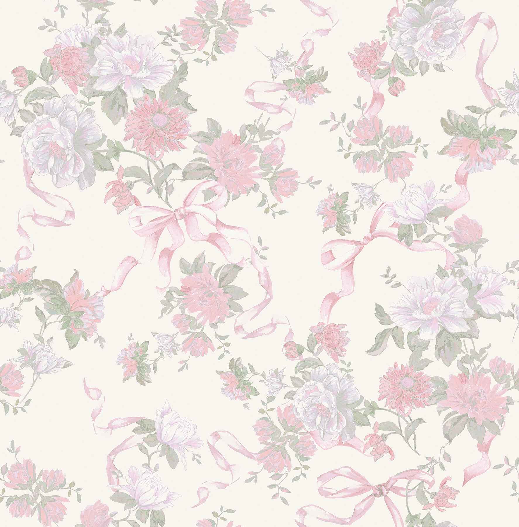 Cabbage Rose Bow Pretty in Pink Ribbons & Roses Wallpaper - York Wallcoverings - AST4653 - York Wallcoverings Wallpaper