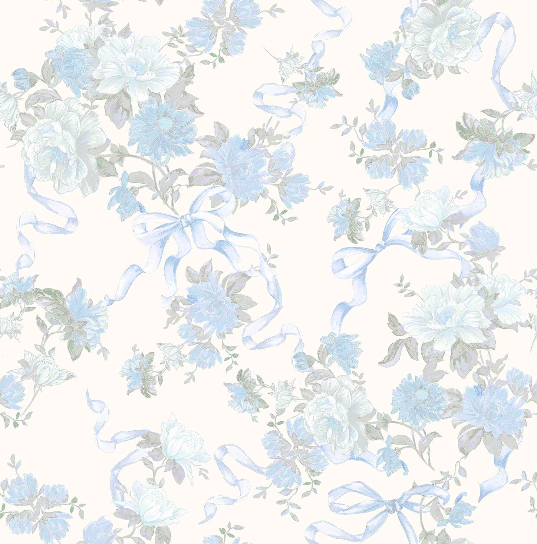 Cabbage Rose Bow Dusty River Blue Ribbons & Roses Wallpaper - York Wallcoverings - AST4654 - York Wallcoverings Wallpaper