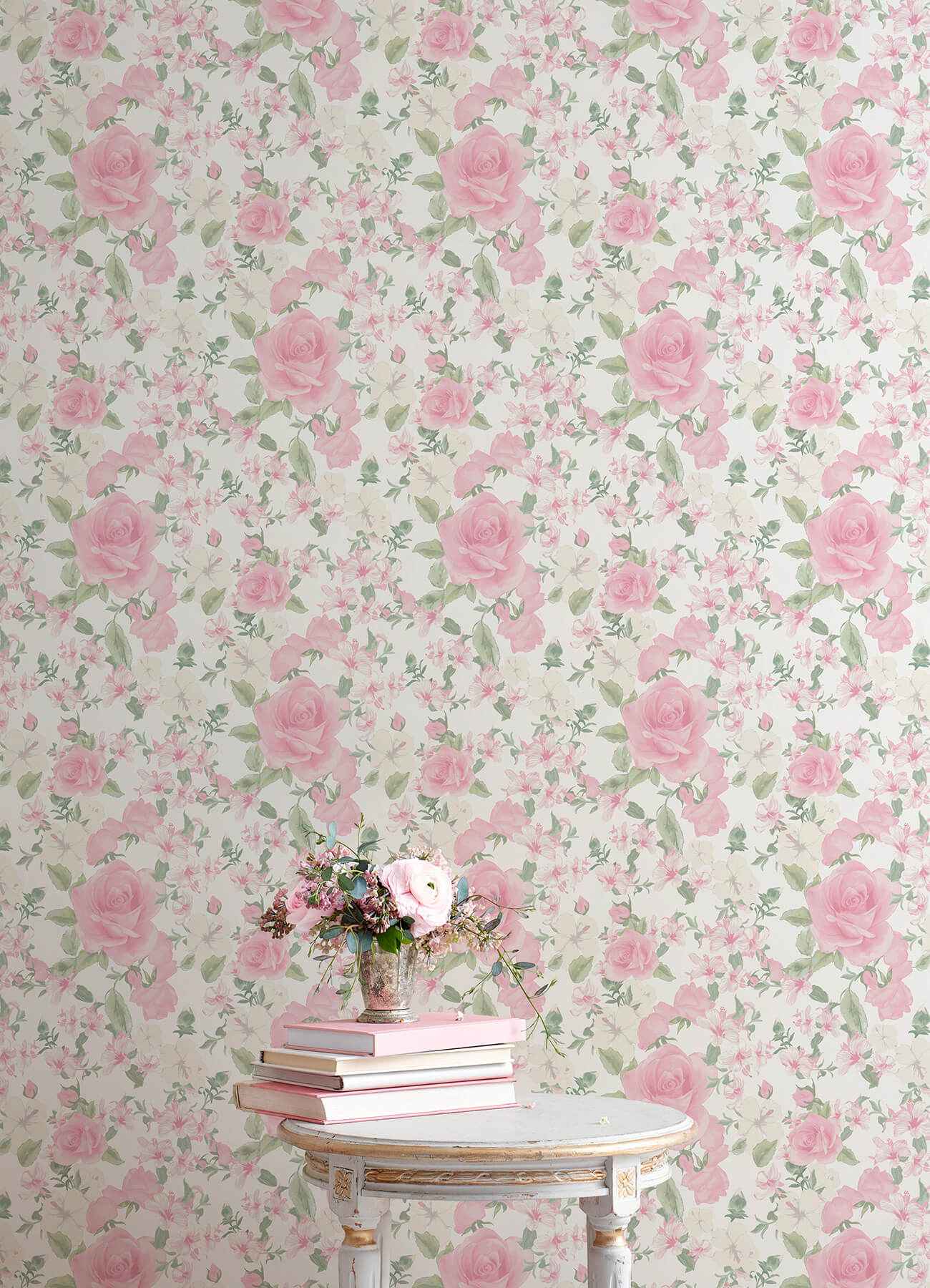 Sunset Harbor Rose Vida Rosa Roses & White Flowers Wallpaper - York Wallcoverings - AST4655 - York Wallcoverings Wallpaper