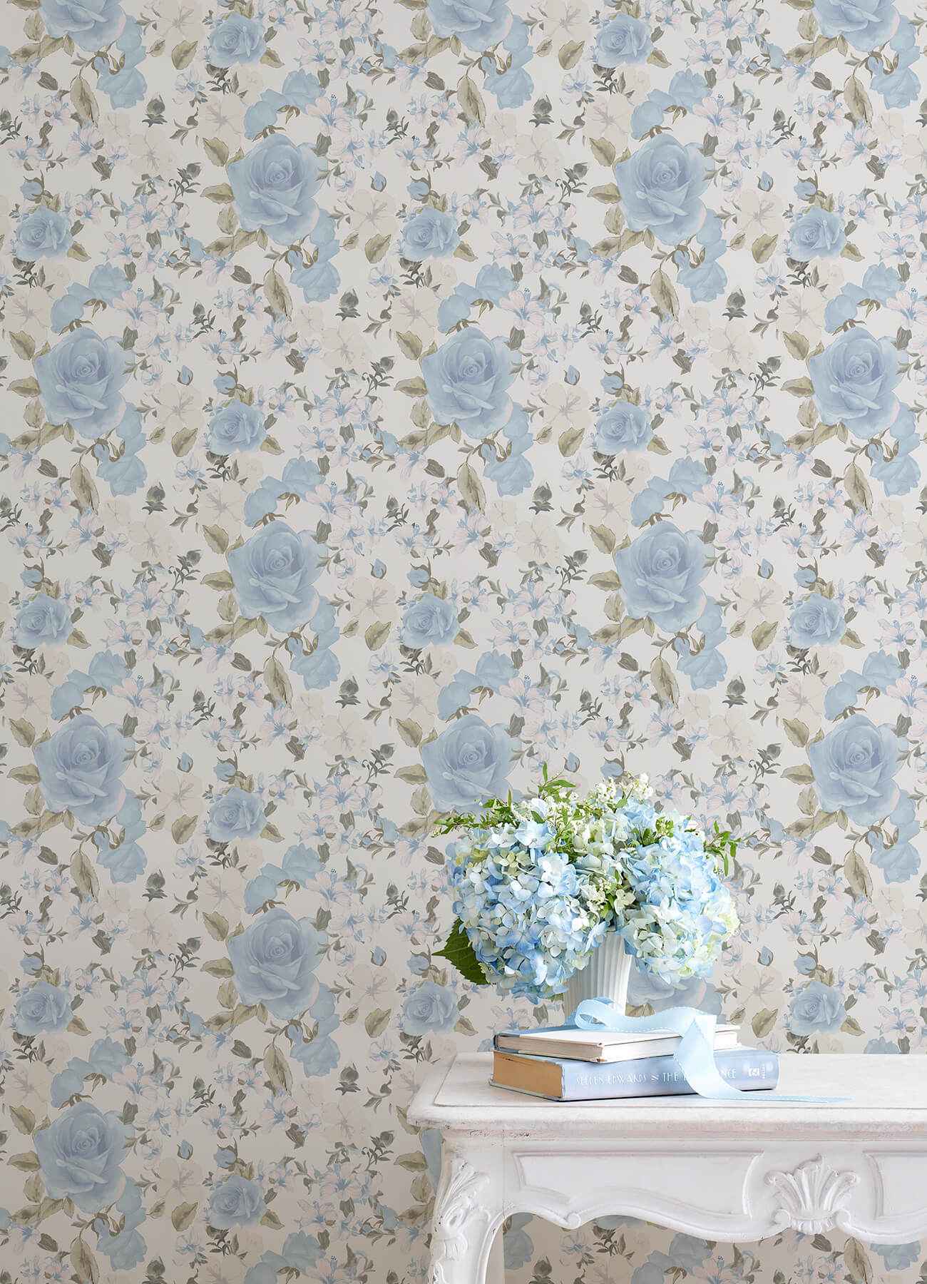 Sunset Harbor Rose Bella Lina Blue Roses & White Flowers Wallpaper - York Wallcoverings - AST4656 - York Wallcoverings Papel pintado