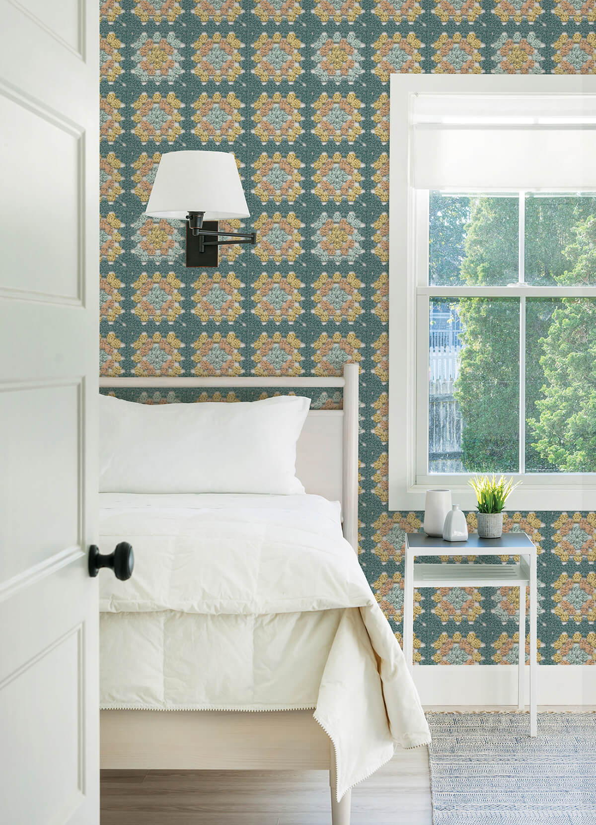 maud-teal-crochet-geometric-wallpaper-york-wallcoverings-3124-13862 - York Wallcoverings Wallpaper