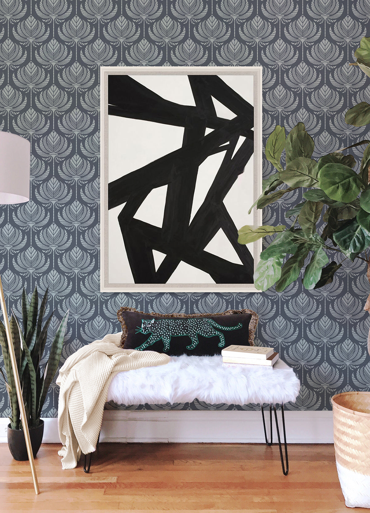 palmier-navy-lotus-fan-wallpaper-york-wallcoverings-4014-26424 - York Wallcoverings Wallpaper