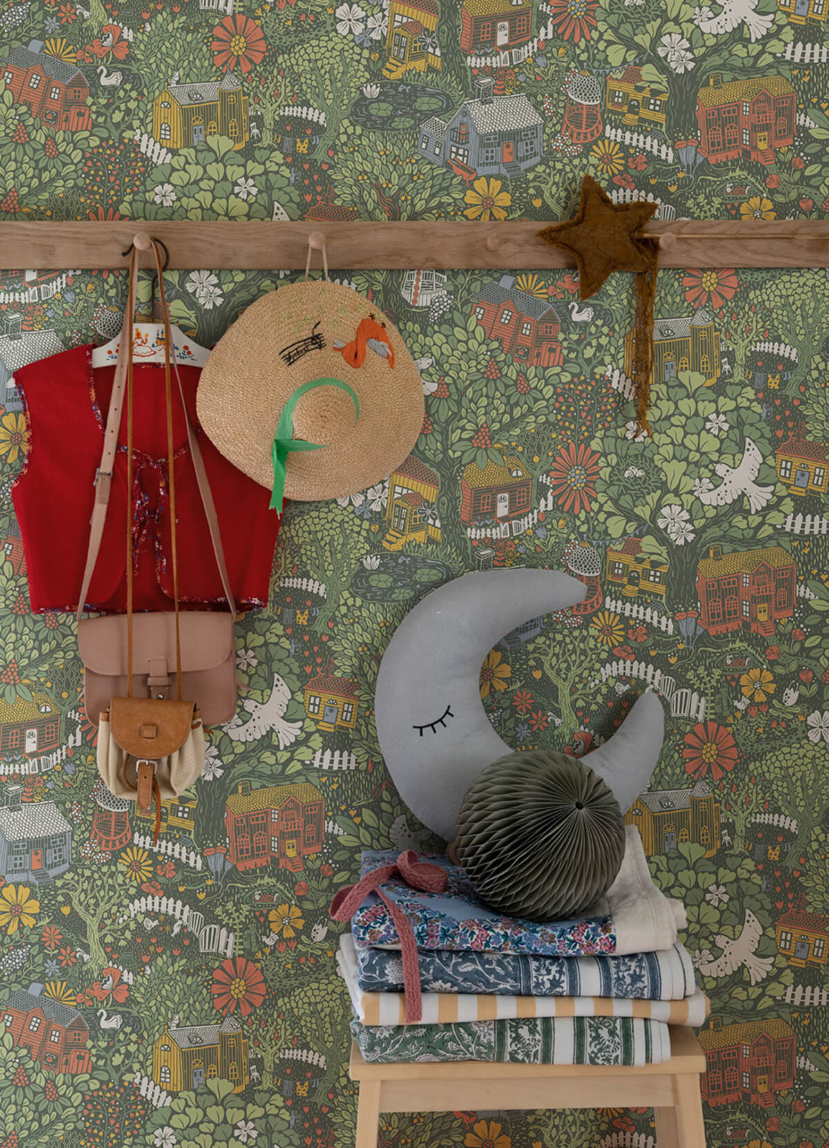 bygga-bo-green-woodland-village-wallpaper-york-wallcoverings-4111-63003 - York Wallcoverings Wallpaper