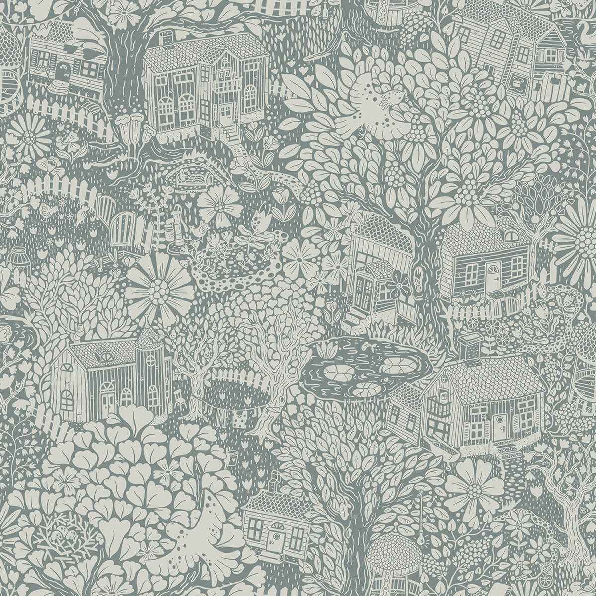 Bygga Bo Blue Woodland Village Wallpaper - York Wallcoverings - 4111-63005