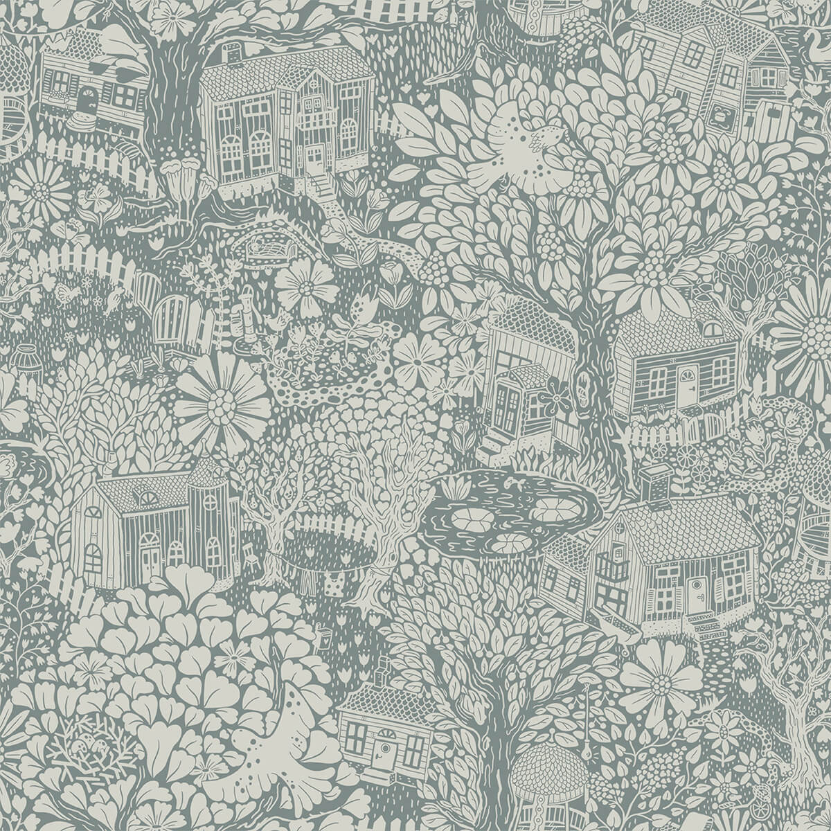 bygga-bo-blue-woodland-village-wallpaper-york-wallcoverings-4111-63005 - York Wallcoverings Wallpaper