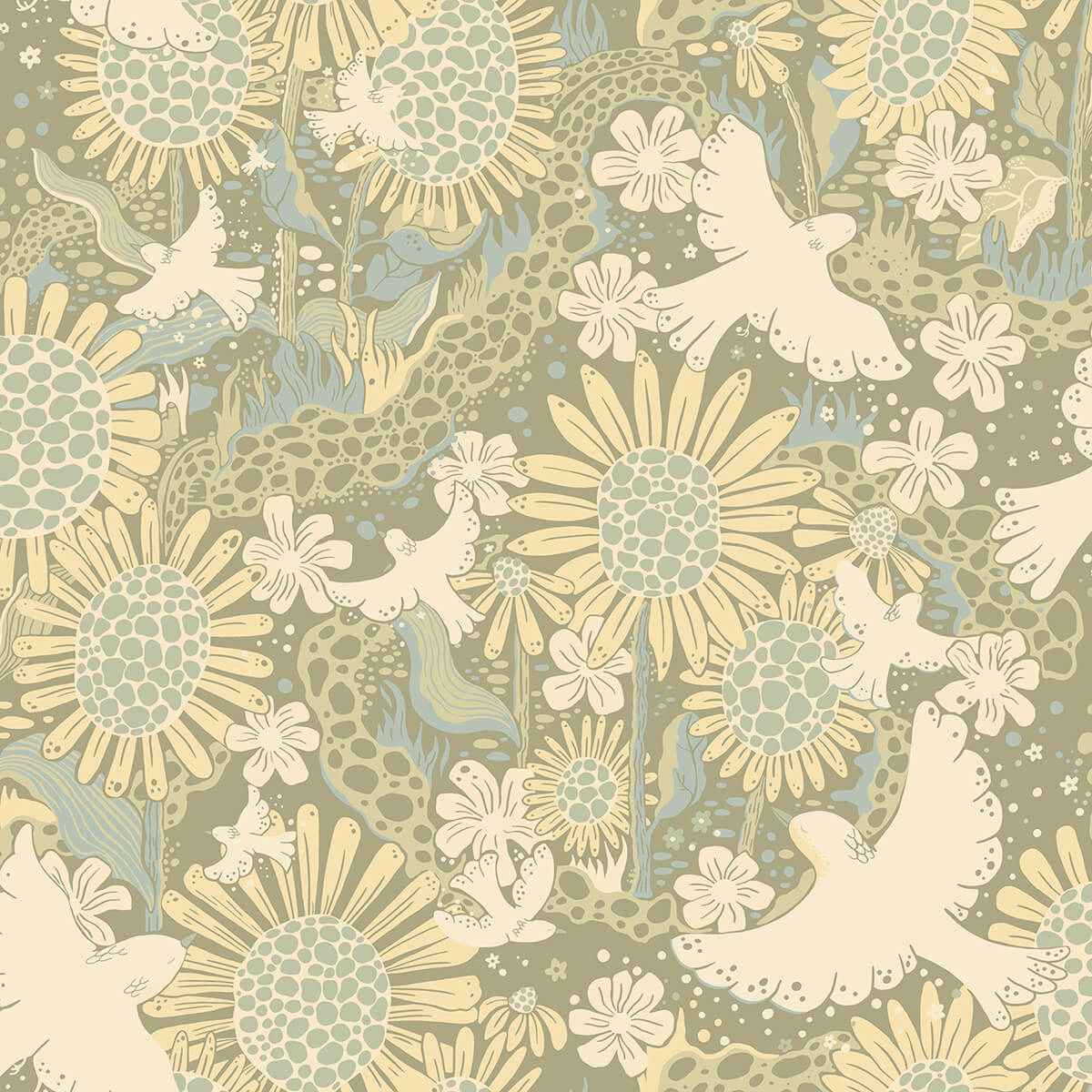 Drömma Sage Songbirds and Sunflowers Wallpaper - York Wallcoverings - 4111-63009 - York Wallcoverings Papel pintado