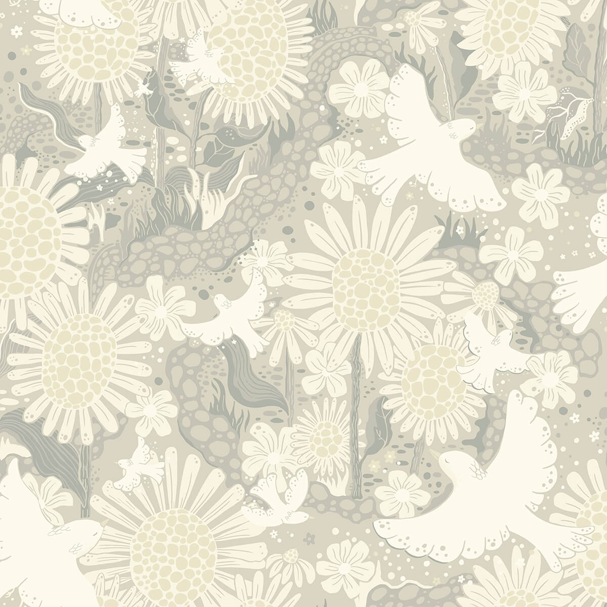 drmma-light-grey-songbirds-and-sunflowers-wallpaper-york-wallcoverings-4111-63011 - York Wallcoverings Papel pintado
