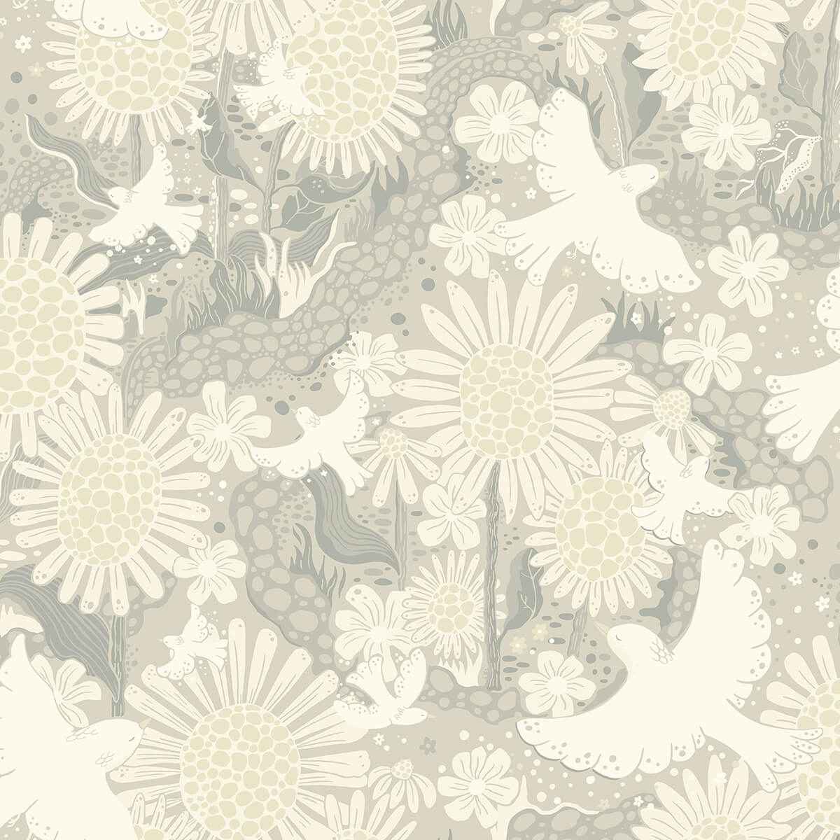 Drömma Light Grey Songbirds and Sunflowers Wallpaper - York Wallcoverings - 4111-63011
