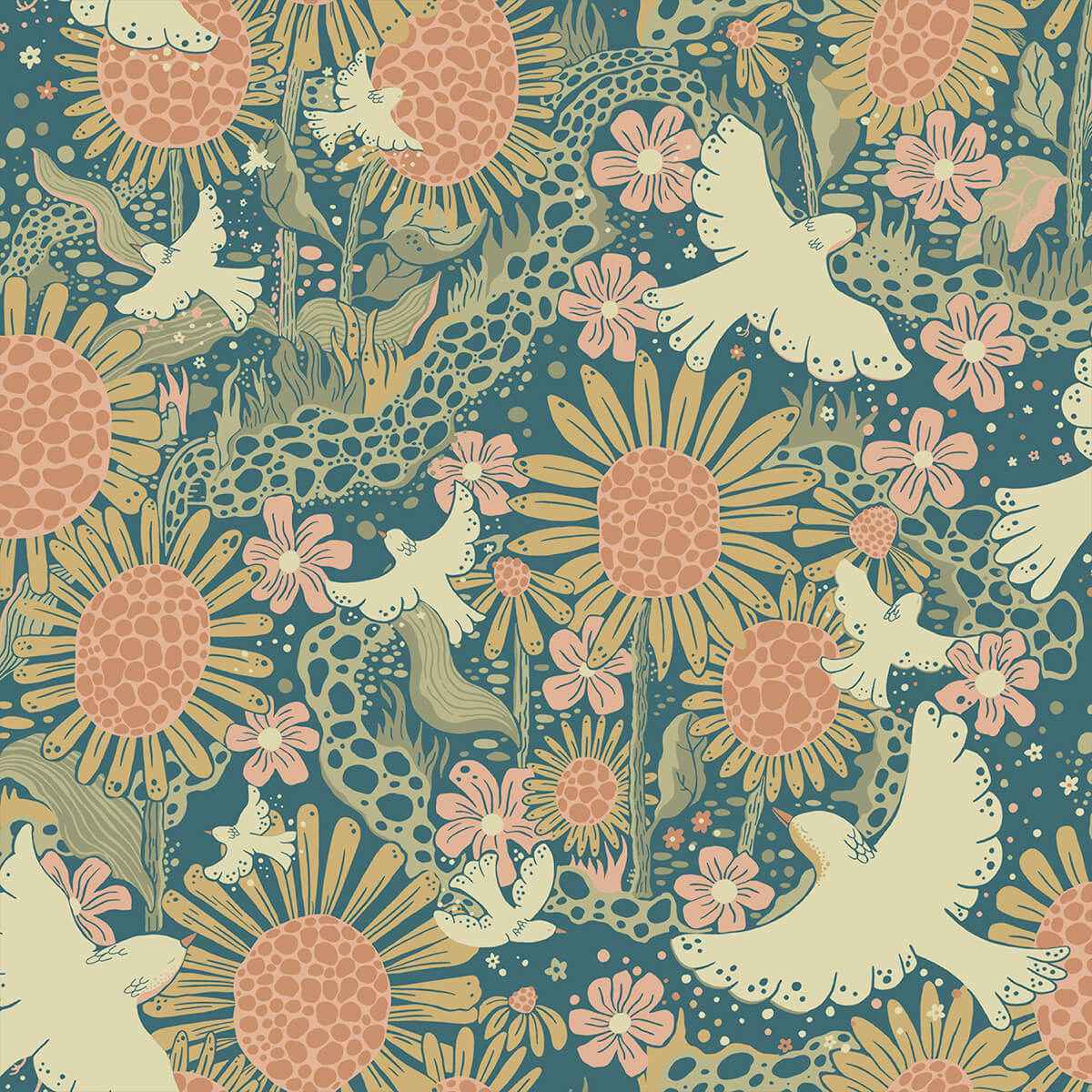 Drömma Teal Songbirds and Sunflowers Wallpaper - York Wallcoverings - 4111-63007