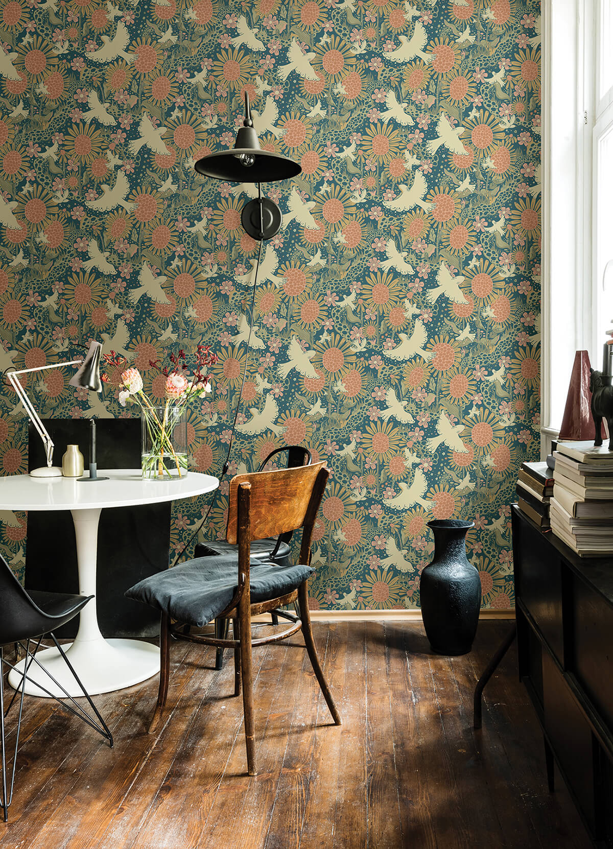 drmma-teal-songbirds-and-sunflowers-wallpaper-york-wallcoverings-4111-63007 - York Wallcoverings Papel pintado