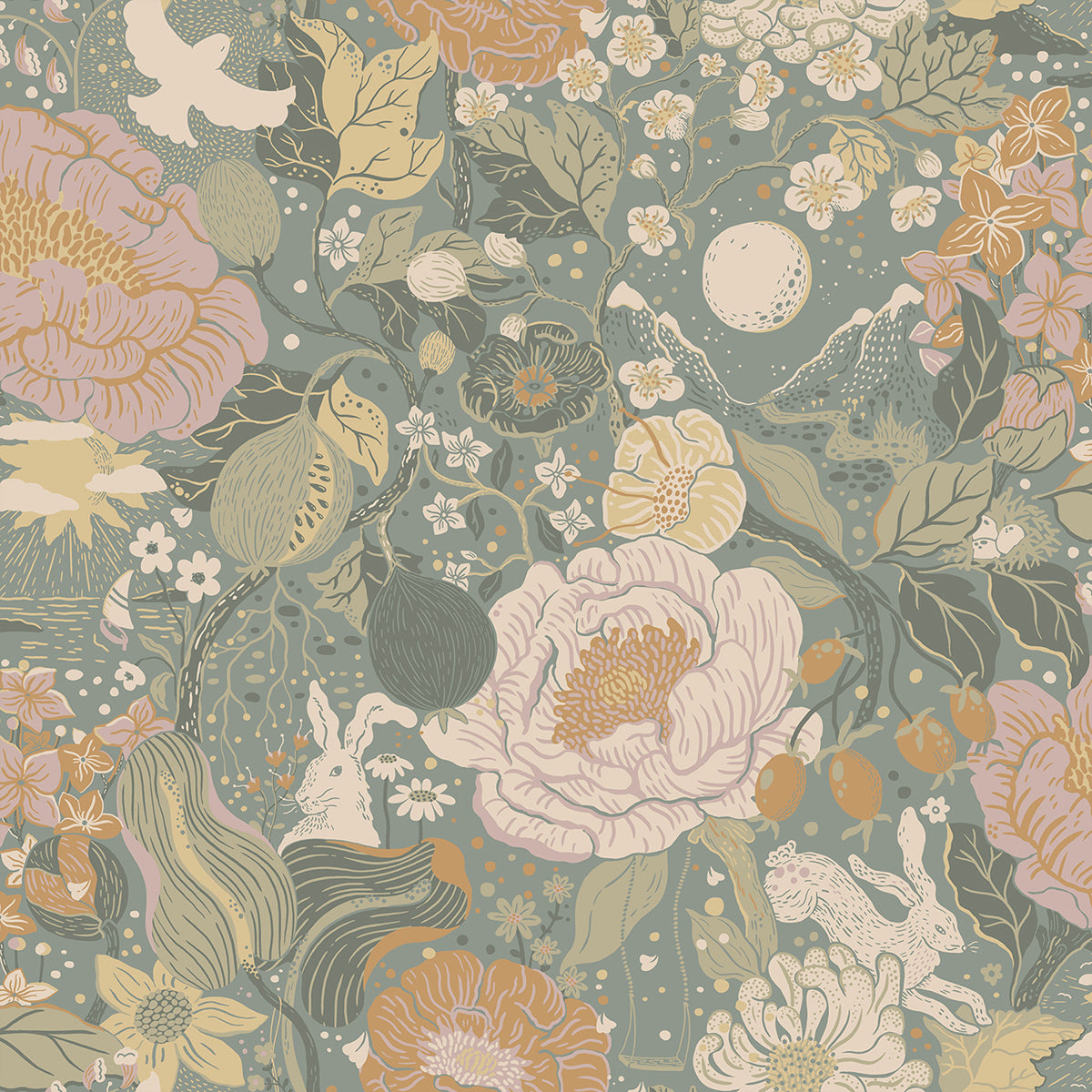 vxa-slate-rabbits-rosehips-wallpaper-york-wallcoverings-4111-63016 - York Wallcoverings Papel pintado