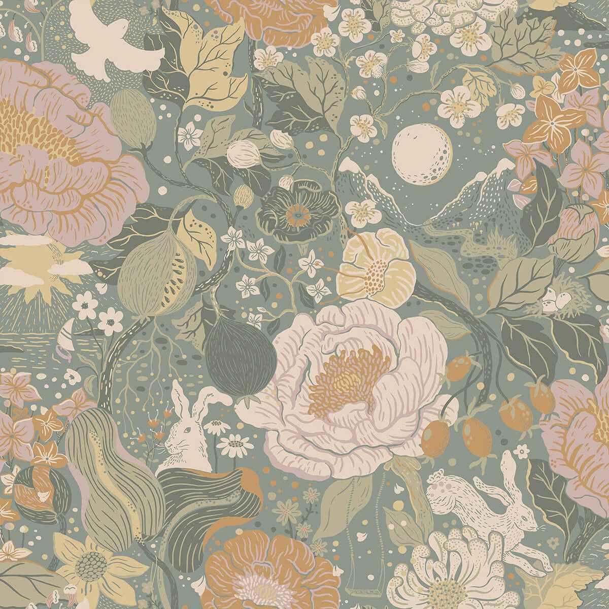 Växa Slate Rabbits & Rosehips Wallpaper - York Wallcoverings - 4111-63016 - York Wallcoverings Wallpaper