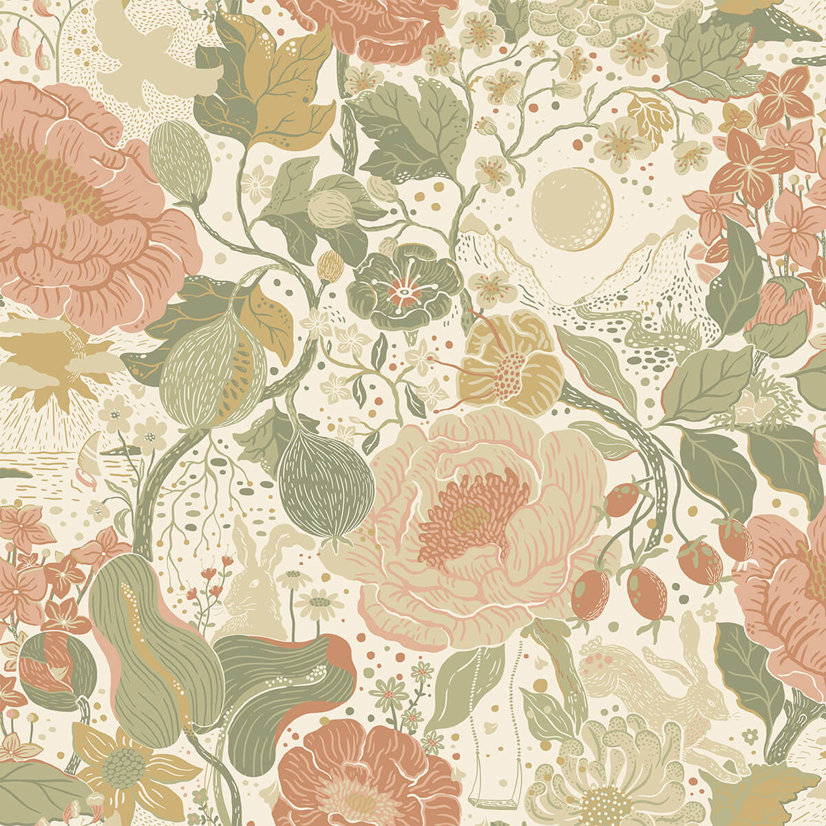 vxa-green-rabbits-rosehips-wallpaper-york-wallcoverings-4111-63012 - York Wallcoverings Papel pintado