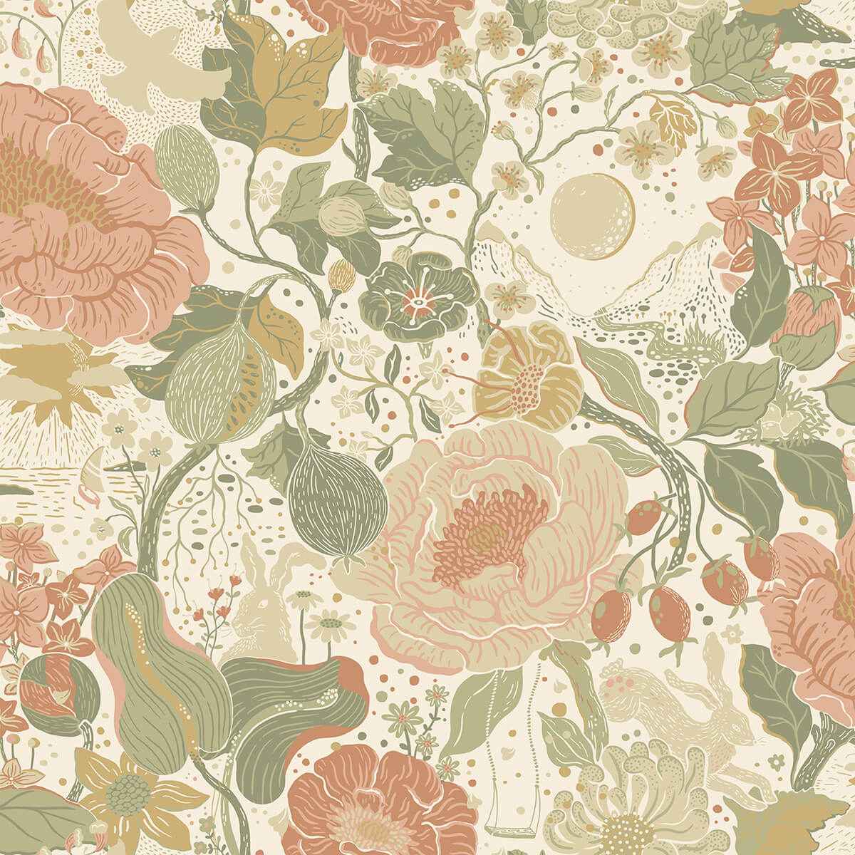 Växa Green Rabbits & Rosehips Wallpaper - York Wallcoverings - 4111-63012