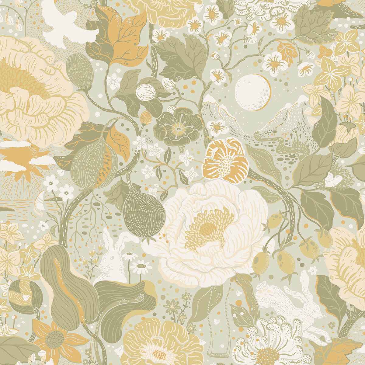 Växa Grey Rabbits & Rosehips Wallpaper - York Wallcoverings - 4111-63015