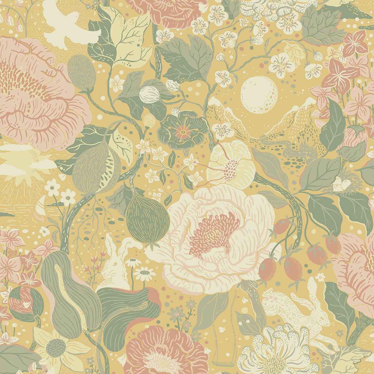 Växa Butter Rabbits & Rosehips Wallpaper - York Wallcoverings - 4111-63014