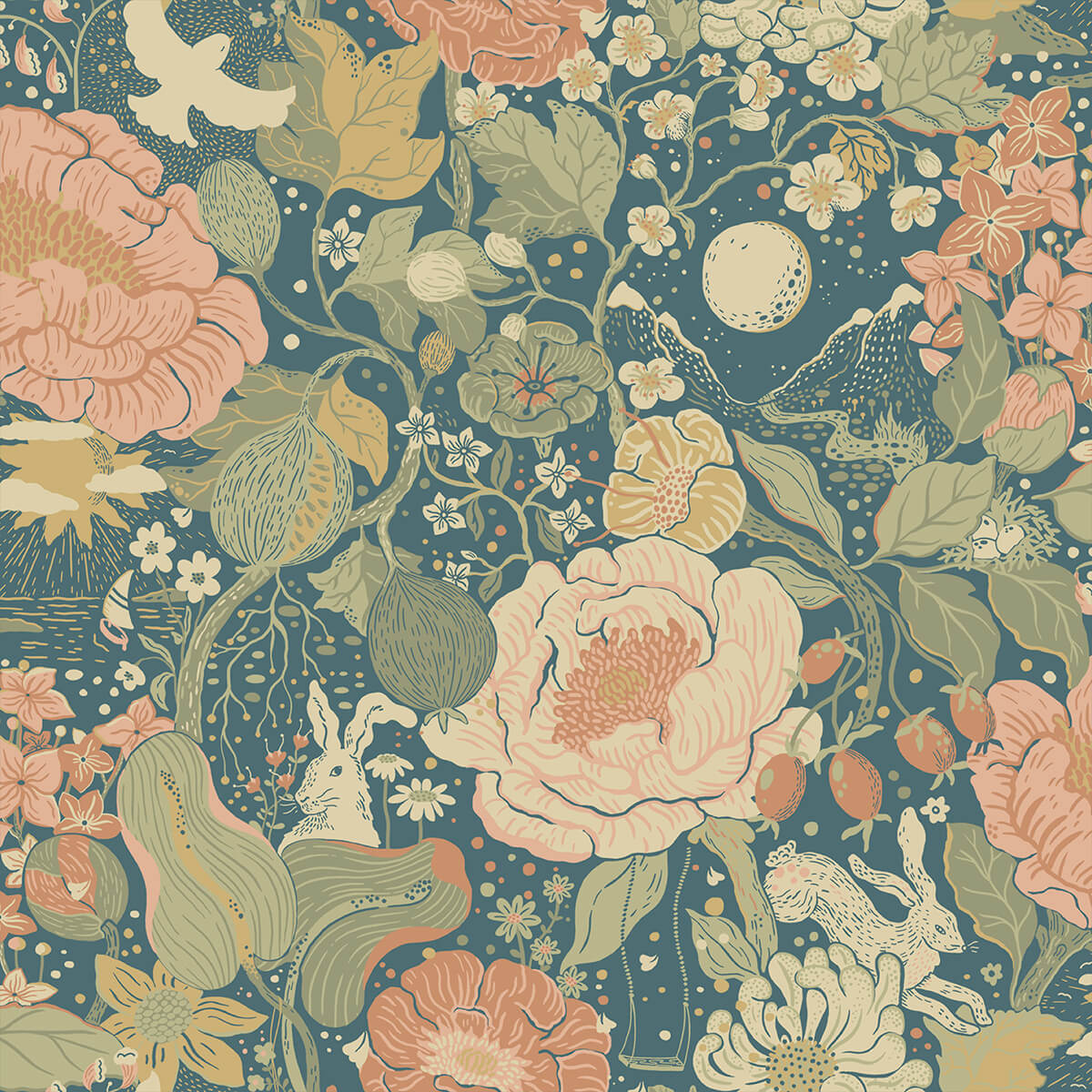 vxa-teal-rabbits-rosehips-wallpaper-york-wallcoverings-4111-63013 - York Wallcoverings Papel pintado