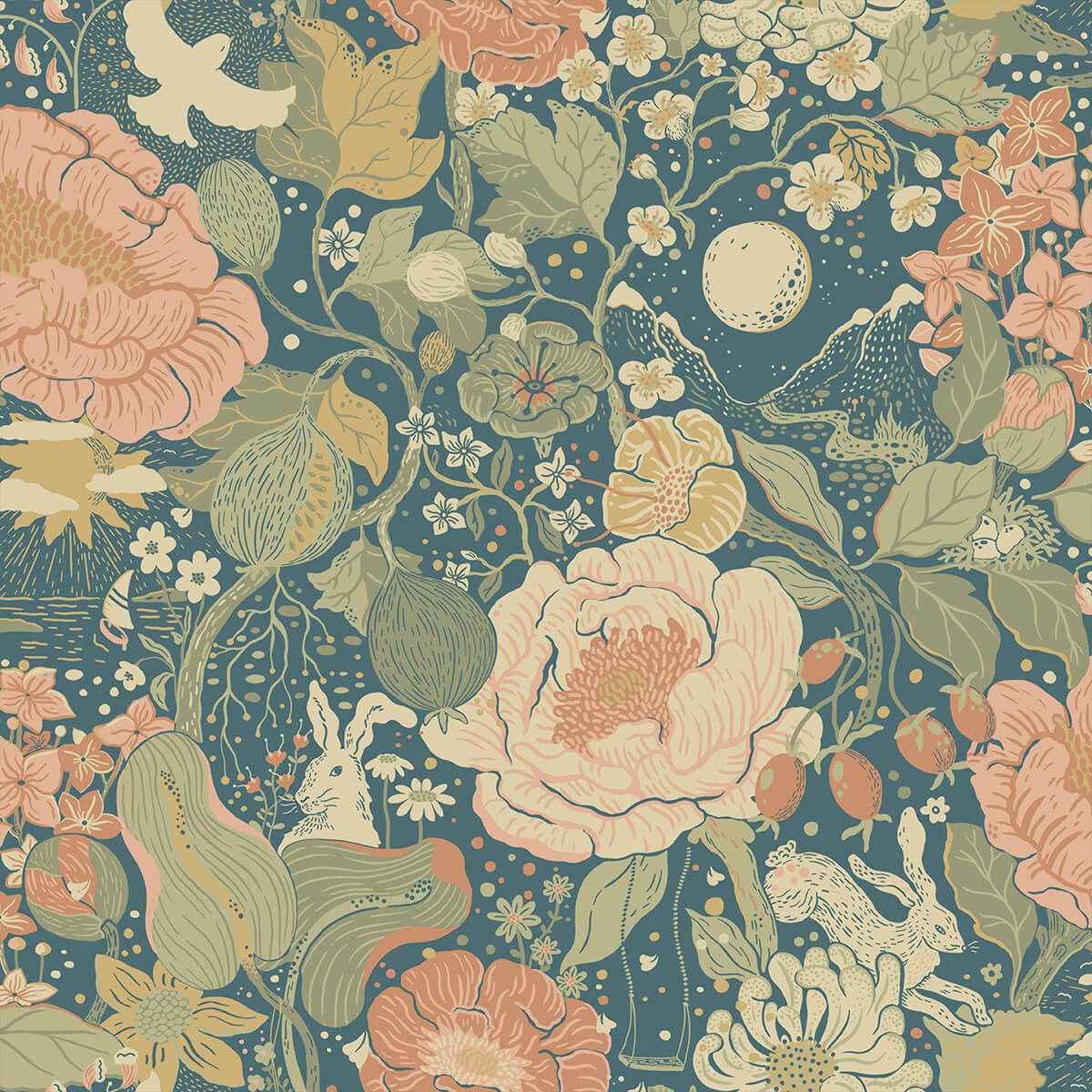 Växa Teal Rabbits & Rosehips Wallpaper - York Wallcoverings - 4111-63013 - York Wallcoverings Wallpaper