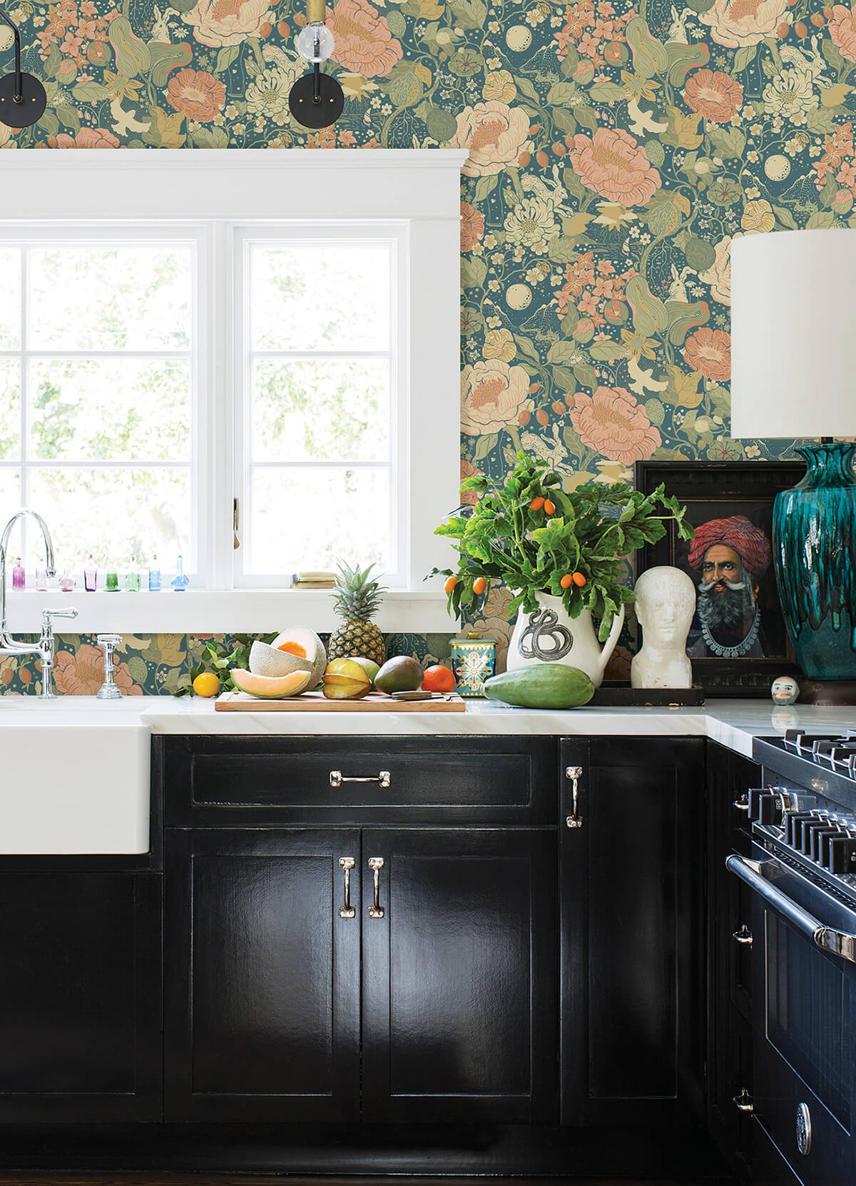 vxa-teal-rabbits-rosehips-wallpaper-york-wallcoverings-4111-63013 - York Wallcoverings Papel pintado