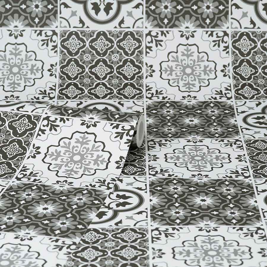 Charcoal Lisbon Tile Peel and Stick Wallpaper - York Wallcoverings - NHS4773 - York Wallcoverings Wallpaper