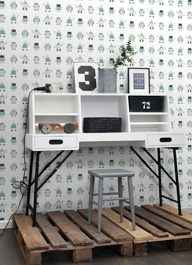 callum-teal-robots-wallpaper-york-wallcoverings-4060-138938 - York Wallcoverings Papel pintado