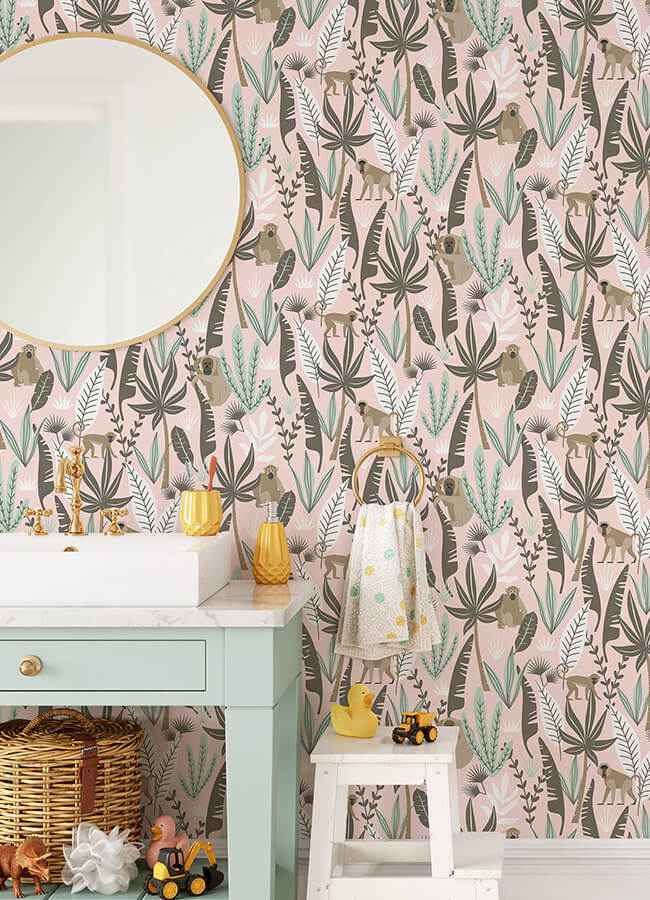 Kiki Pink Monkeys Wallpaper - York Wallcoverings - 4060-139072 - York Wallcoverings Wallpaper