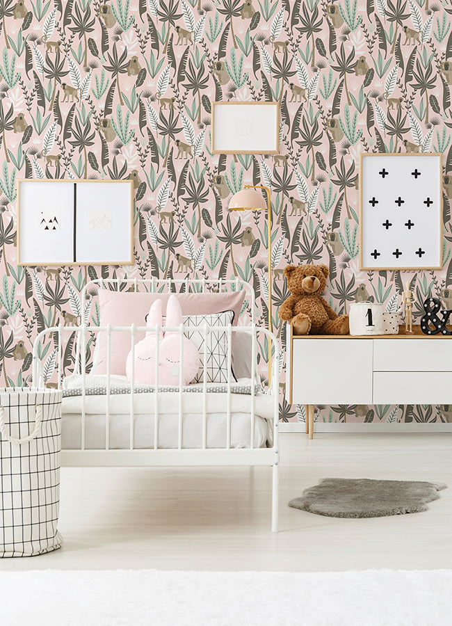 Kiki Pink Monkeys Wallpaper - 4060-139072- York Wallcovering