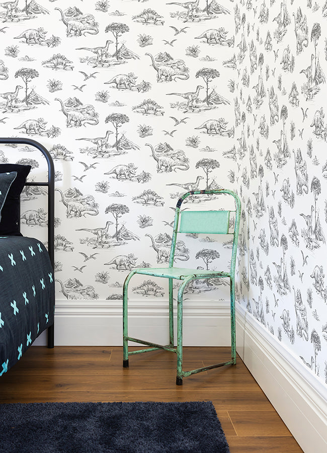 Isolde Charcoal Dinosaurs Wallpaper - 4060-139269- York Wallcovering