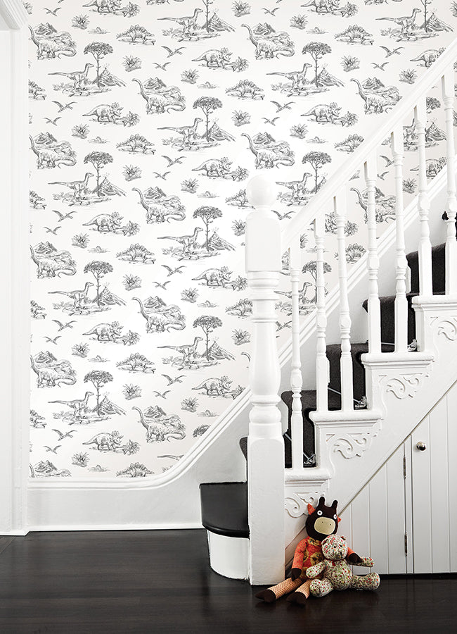 Isolde Charcoal Dinosaurs Wallpaper - 4060-139269- York Wallcovering