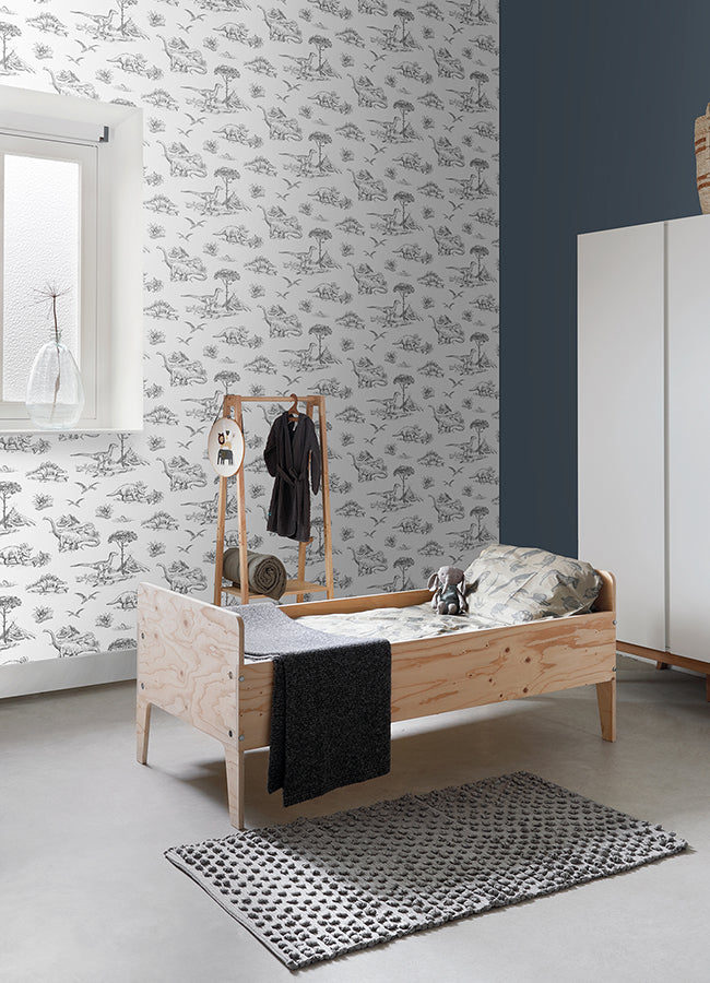 Isolde Charcoal Dinosaurs Wallpaper - 4060-139269- York Wallcovering