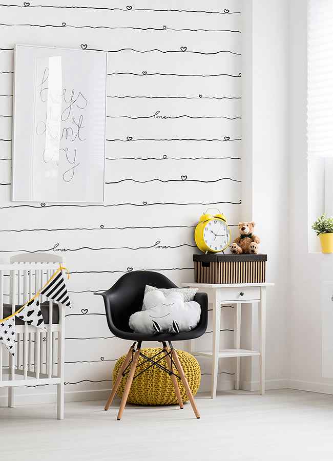 Love & Hearts Black Script Wallpaper - York Wallcoverings - 4060-381403 - York Wallcoverings Wallpaper