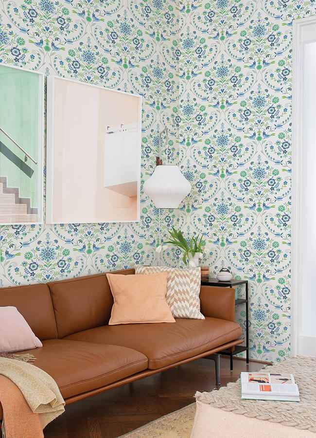 Britt Sapphire Embroidered Damask Wallpaper - York Wallcoverings - 4066-26511 - York Wallcoverings Wallpaper