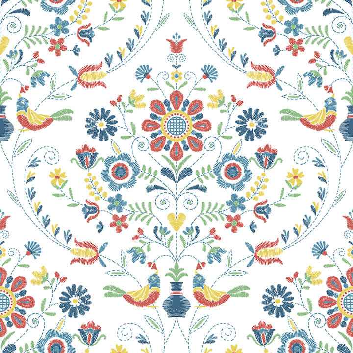 Britt Multicolor Embroidered Damask Wallpaper - York Wallcoverings - 4066-26512