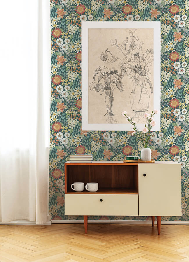 karina-teal-wildflower-garden-wallpaper-york-wallcoverings-4066-26520 - York Wallcoverings Wallpaper