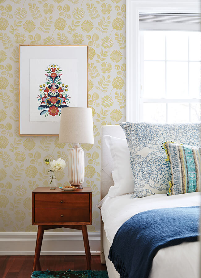 inge-yellow-floral-block-print-wallpaper-york-wallcoverings-4066-26530 - York Wallcoverings Wallpaper