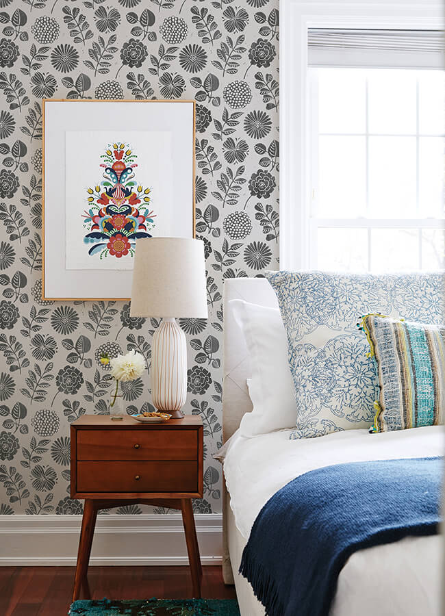 inge-black-floral-block-print-wallpaper-york-wallcoverings-4066-26534 - York Wallcoverings Wallpaper
