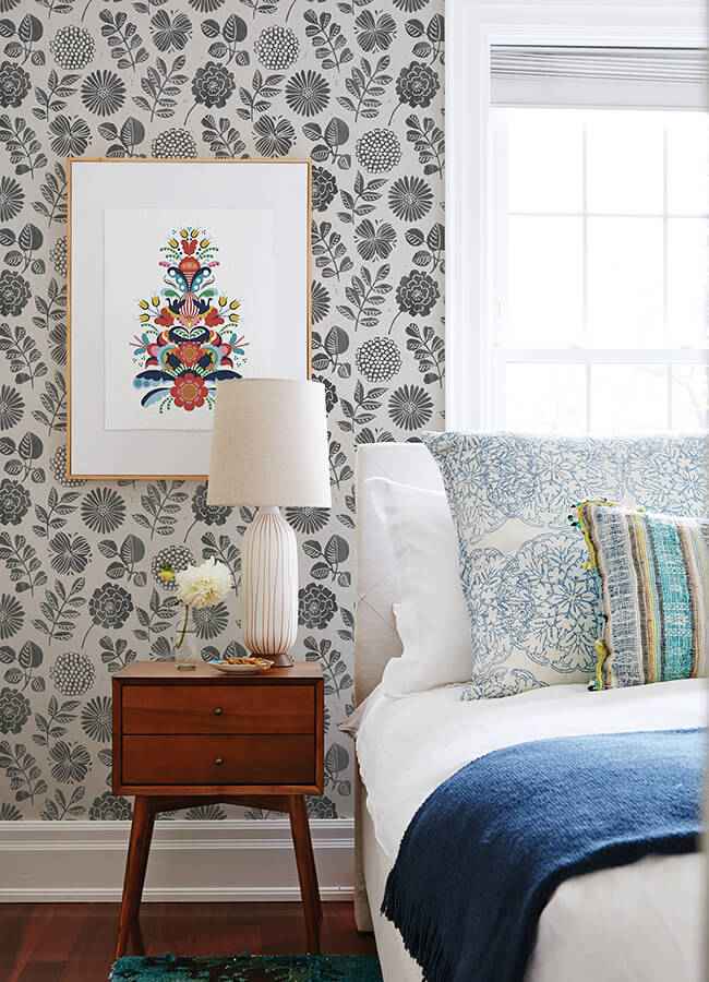 Inge Black Floral Block Print Wallpaper - York Wallcoverings - 4066-26534 - York Wallcoverings Wallpaper