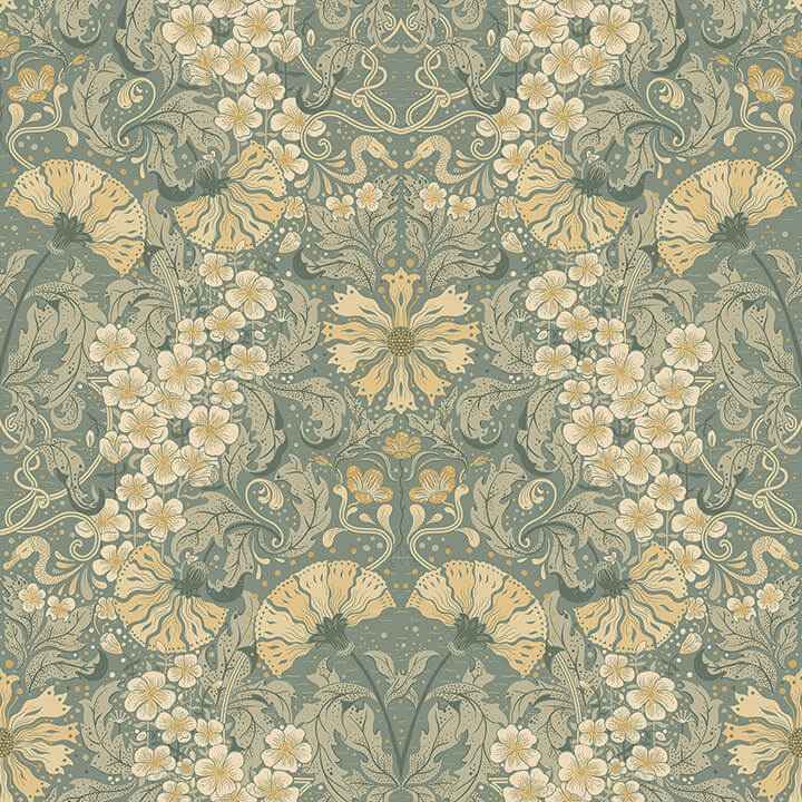 Ojvind Sea Green Floral Ogee Wallpaper - York Wallcoverings - 4080-83113