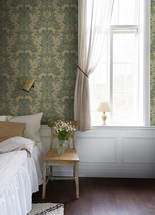ojvind-sea-green-floral-ogee-wallpaper-york-wallcoverings-4080-83113 - York Wallcoverings Papel pintado