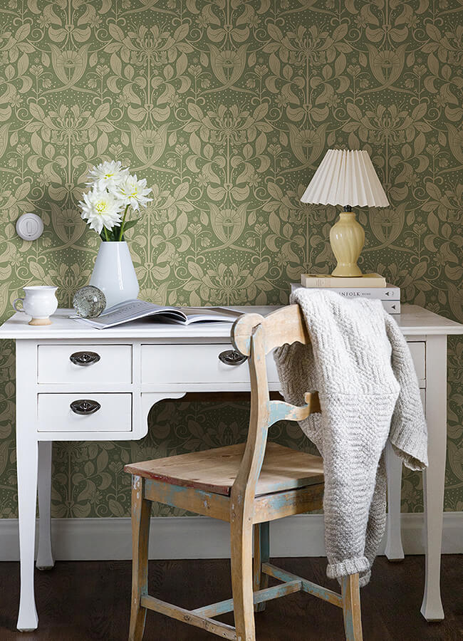 berit-green-floral-crest-wallpaper-york-wallcoverings-4080-83126 - York Wallcoverings Papel pintado